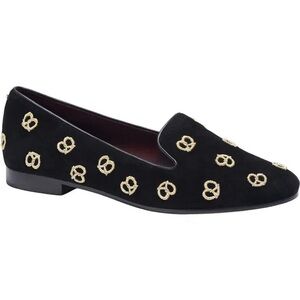 Kate Spade Black Loafers With Gold Embroidered Pretzels Size 7.5